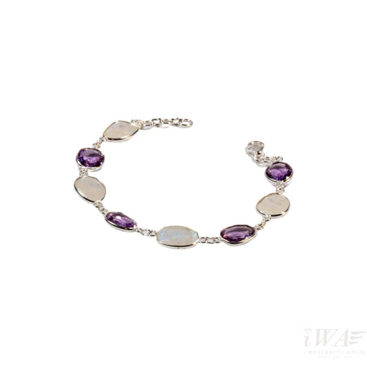 Silver Bracelet with Amethyst and Rainbow Moonstone front