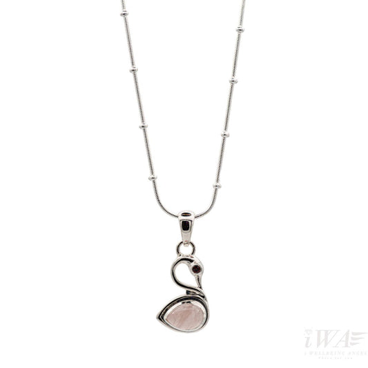 Rose Quartz with Garnet Swan Pendant Silver Jewellery